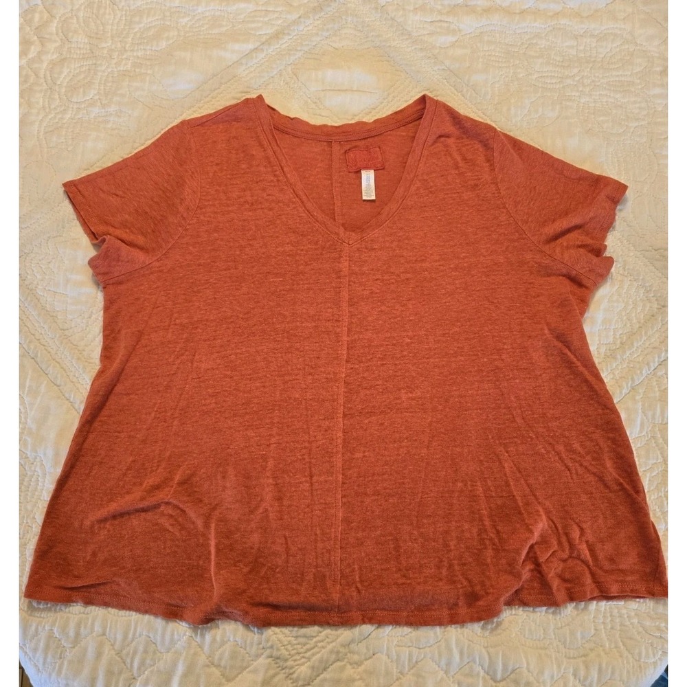 Sigrid Olsen 100% Linen V-Neck Short Sleeve T-Shirt Top Orange Plus SZ 1X Olson